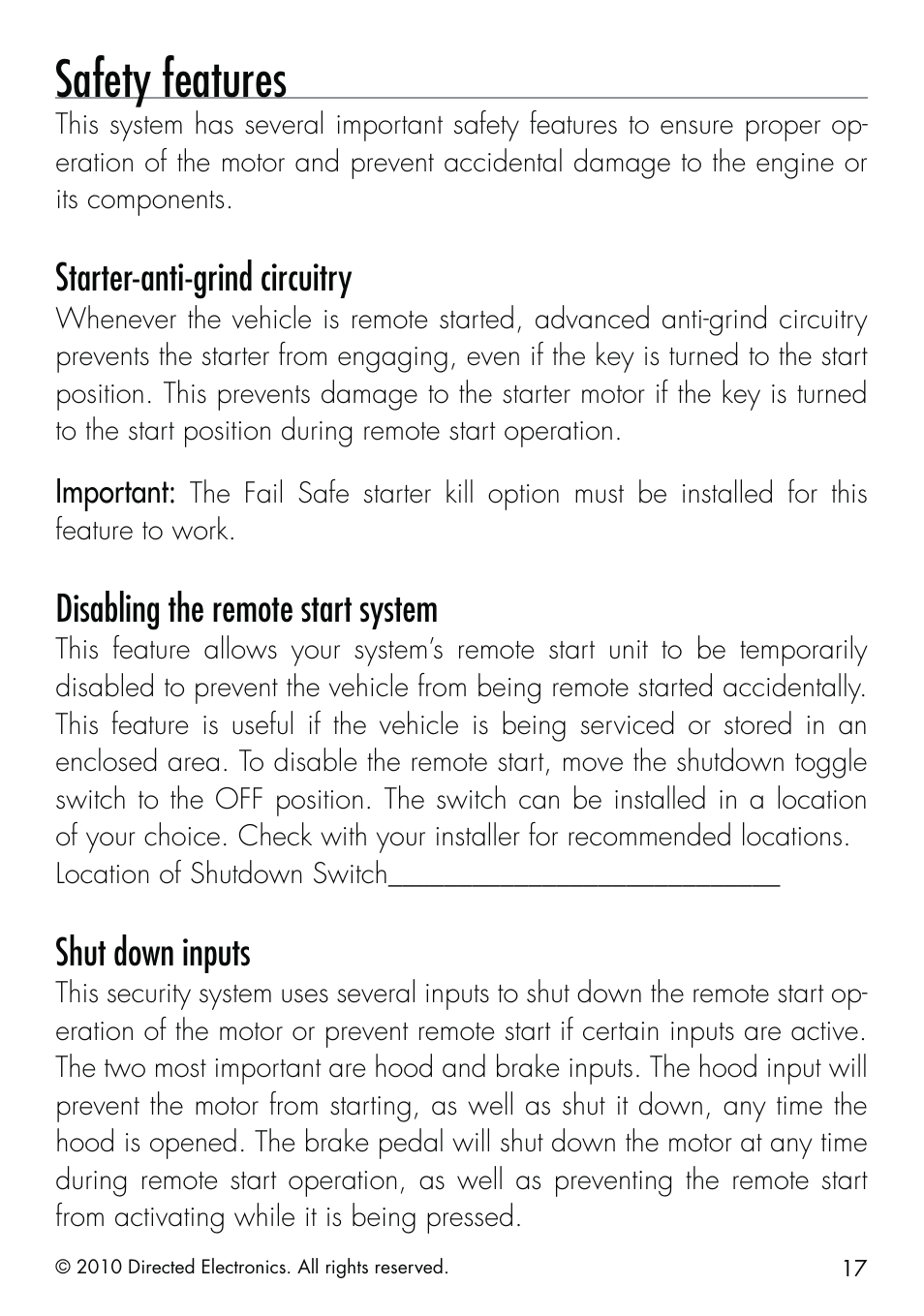Safety features, Starter-anti-grind circuitry, Disabling the remote start system | Shut down inputs | Directed Electronics SMARTSTART 5000 User Manual | Page 21 / 36
