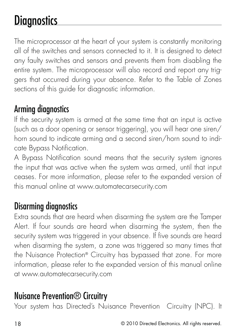 Diagnostics, Arming diagnostics, Disarming diagnostics | Nuisance prevention® circuitry | Directed Electronics SMARTSTART 5000 User Manual | Page 22 / 36