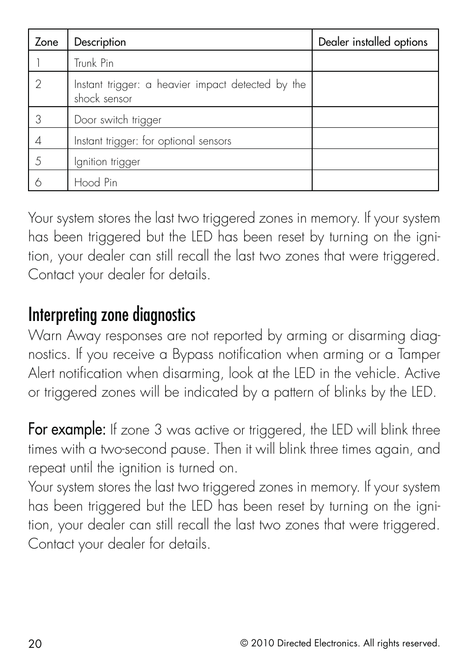 Interpreting zone diagnostics, For example | Directed Electronics SMARTSTART 5000 User Manual | Page 24 / 36