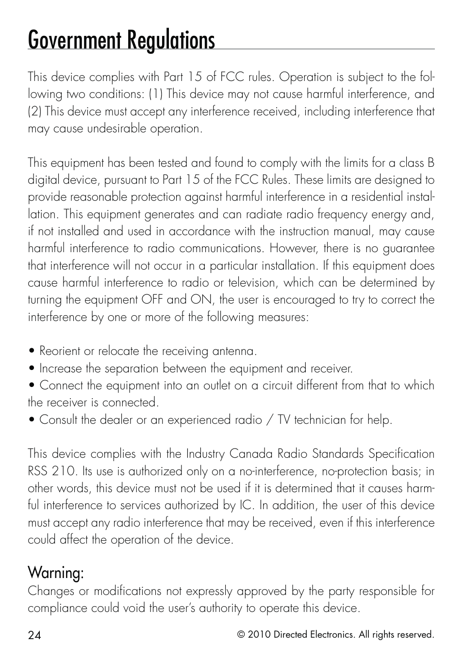 Government regulations, Warning | Directed Electronics SMARTSTART 5000 User Manual | Page 28 / 36