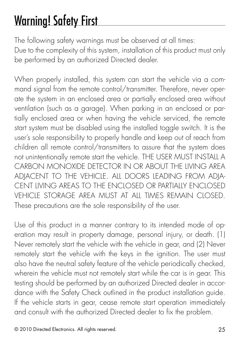 Warning! safety first | Directed Electronics SMARTSTART 5000 User Manual | Page 29 / 36