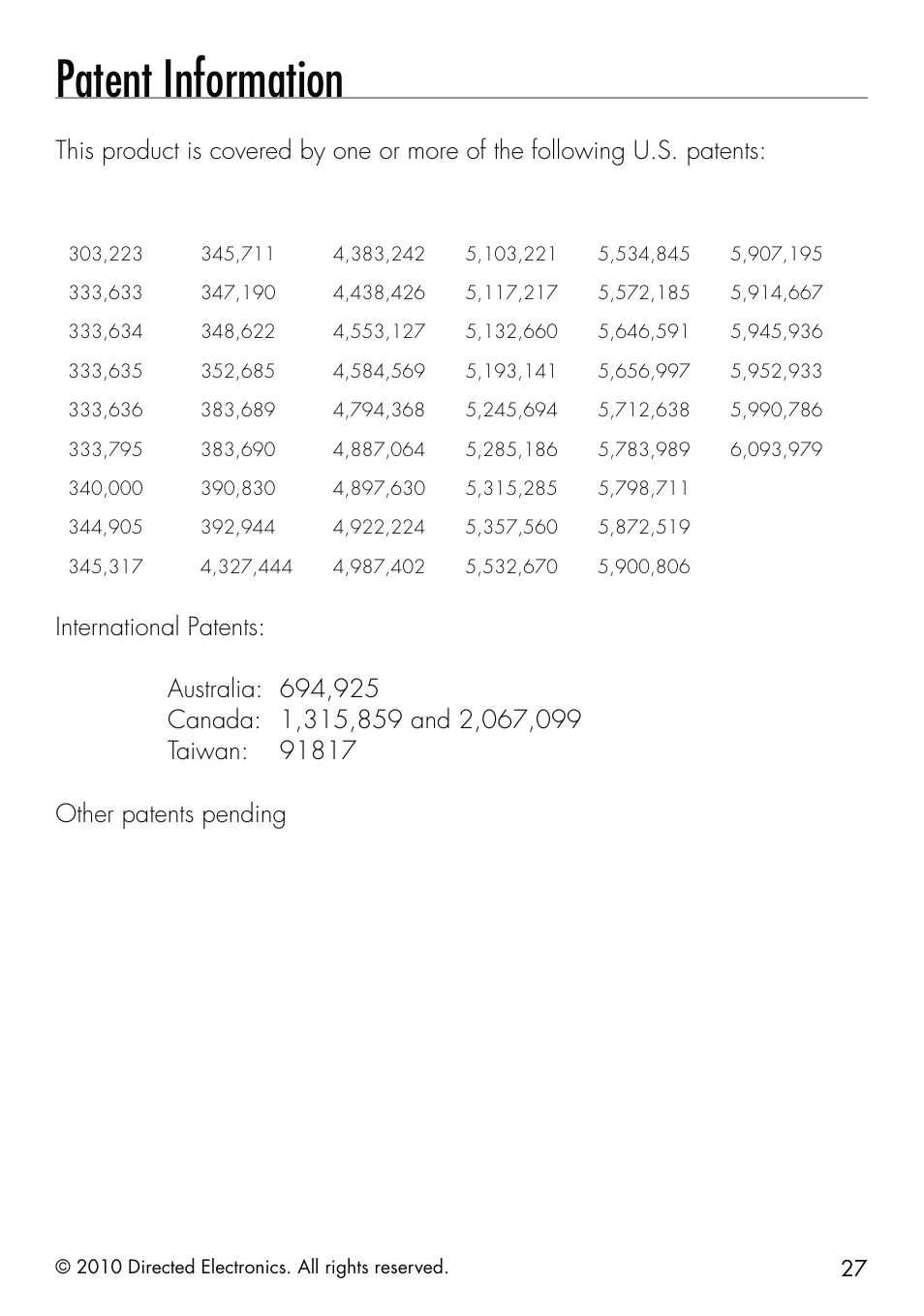 Patent information | Directed Electronics SMARTSTART 5000 User Manual | Page 31 / 36