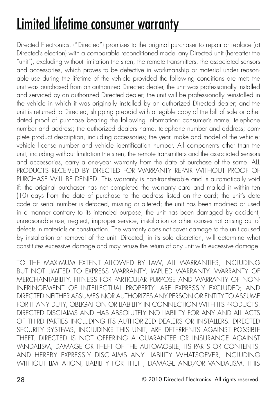 Limited lifetime consumer warranty | Directed Electronics SMARTSTART 5000 User Manual | Page 32 / 36