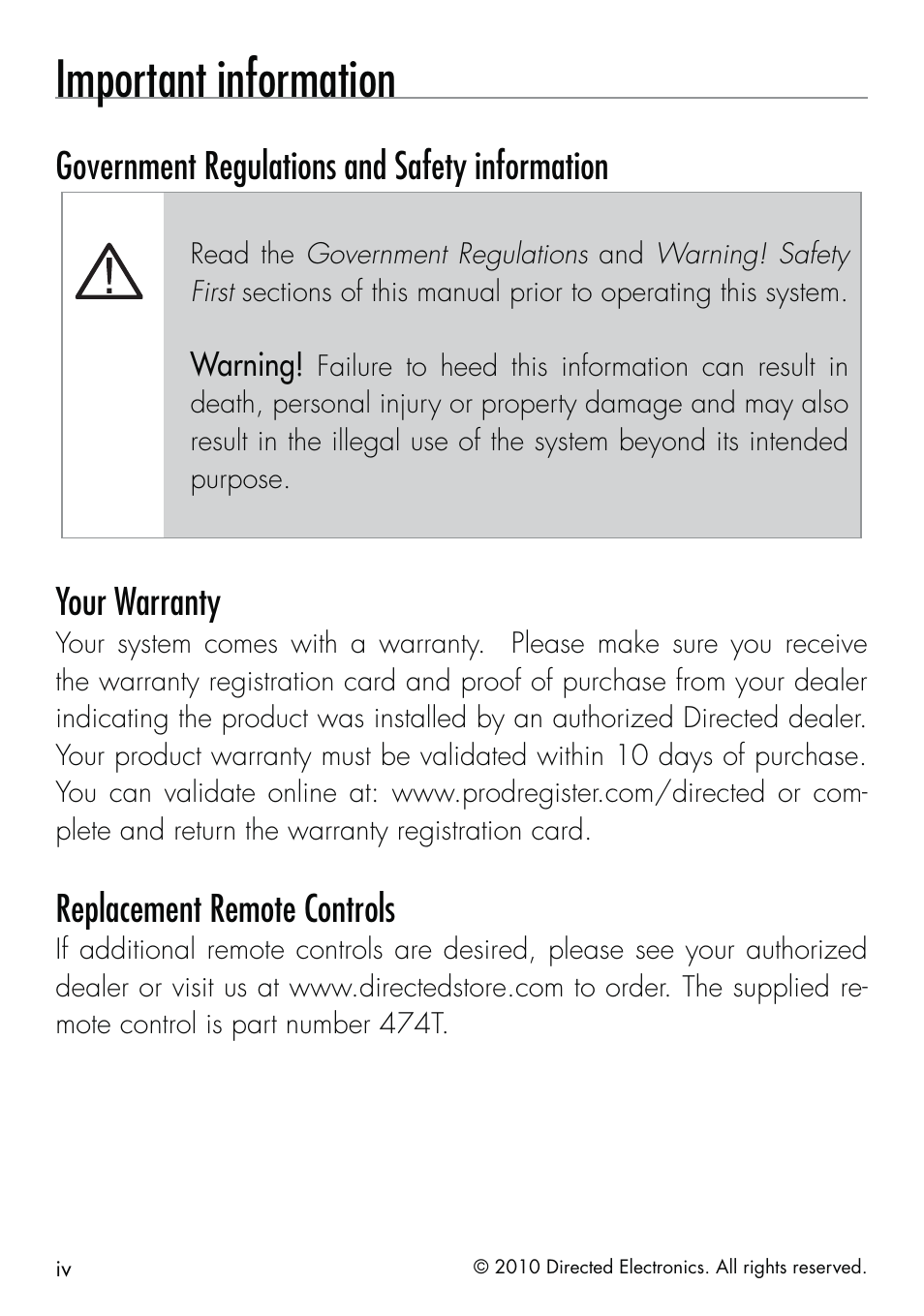 Important information, Government regulations and safety information, Your warranty | Replacement remote controls | Directed Electronics SMARTSTART 5000 User Manual | Page 4 / 36