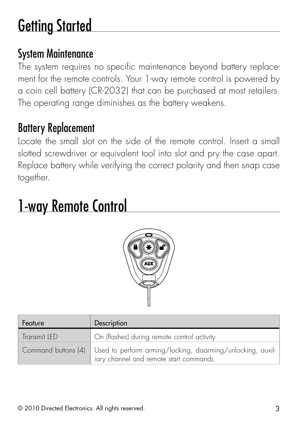 Getting started, Way remote control, System maintenance | Battery replacement | Directed Electronics SMARTSTART 5000 User Manual | Page 7 / 36
