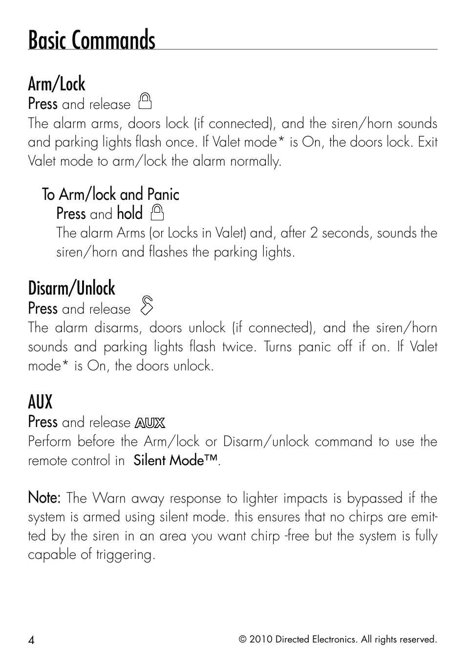 Basic commands, Arm/lock, Disarm/unlock | Directed Electronics SMARTSTART 5000 User Manual | Page 8 / 36