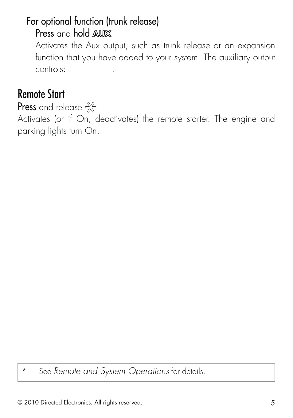 Remote start, For optional function (trunk release) press, Hold | Press | Directed Electronics SMARTSTART 5000 User Manual | Page 9 / 36