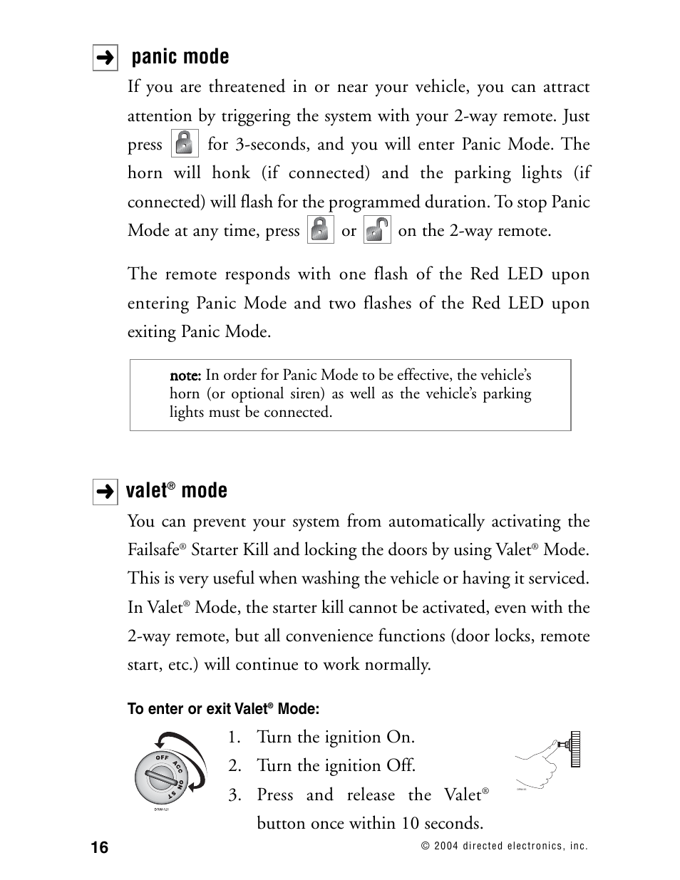 Panic mode, Valet, Mode | Directed Electronics AMX 8.5 User Manual | Page 19 / 37