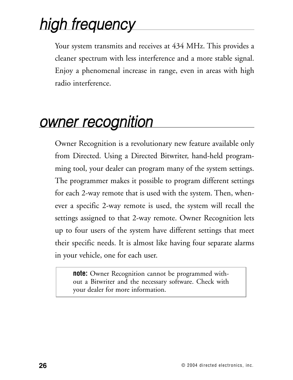 Hhiig gh h ffrre eq qu ue en nc cyy, Oow wn ne err rre ec co og gn niittiio on n | Directed Electronics AMX 8.5 User Manual | Page 29 / 37