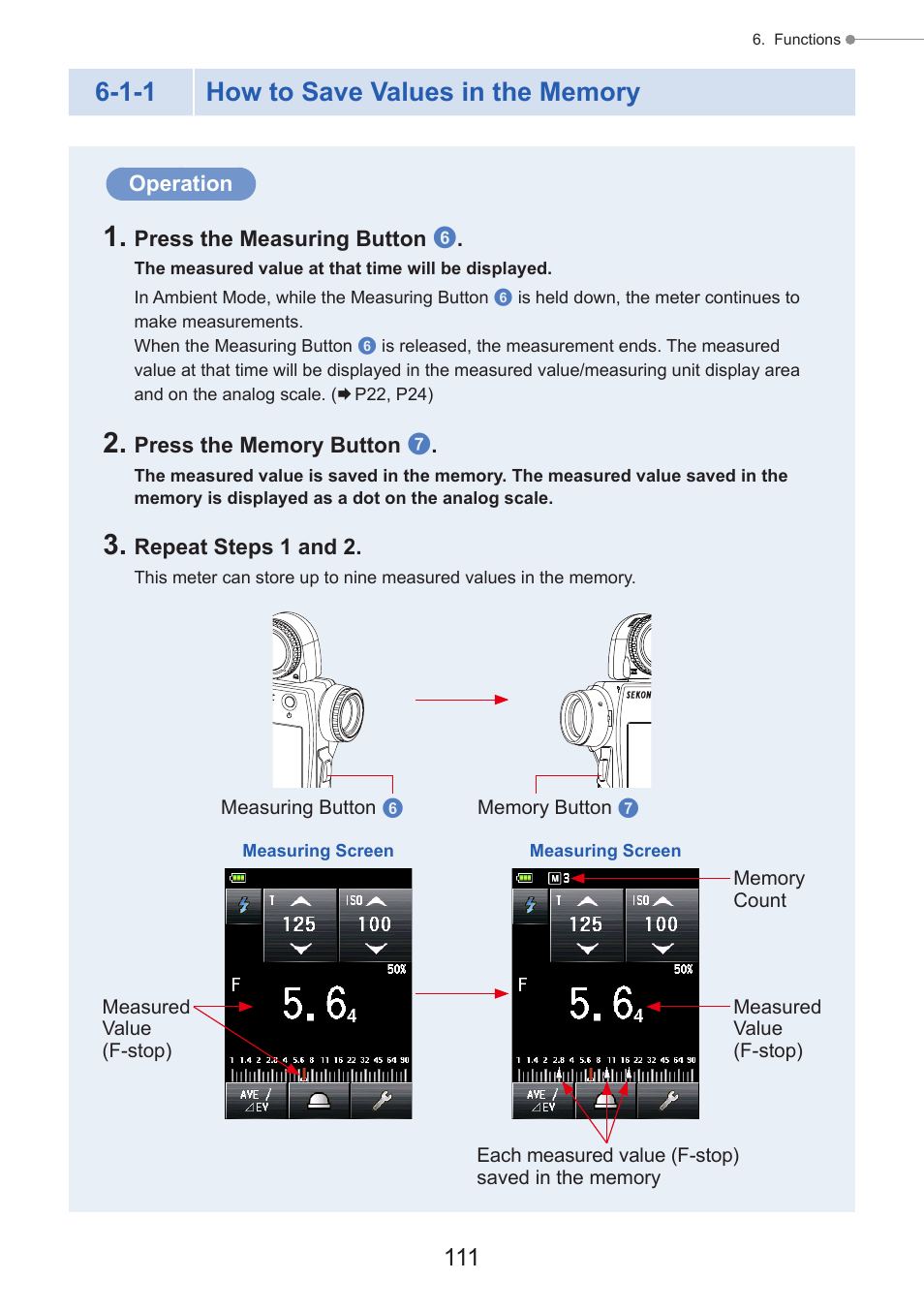 How to save values in the memory, P111 | Sekonic Speedmaster L-858D-U Light Meter User Manual | Page 125 / 223