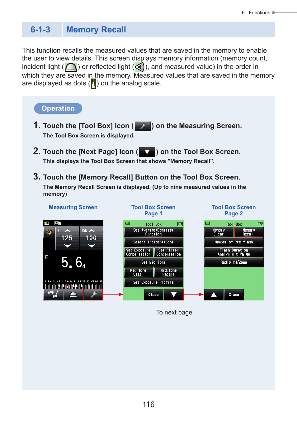 Memory recall, P116) | Sekonic Speedmaster L-858D-U Light Meter User Manual | Page 130 / 223