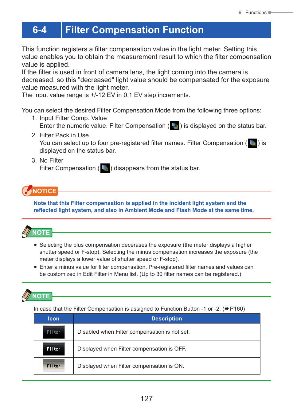Filter compensation function, P127), Filter compensation | 4 filter compensation function | Sekonic Speedmaster L-858D-U Light Meter User Manual | Page 141 / 223