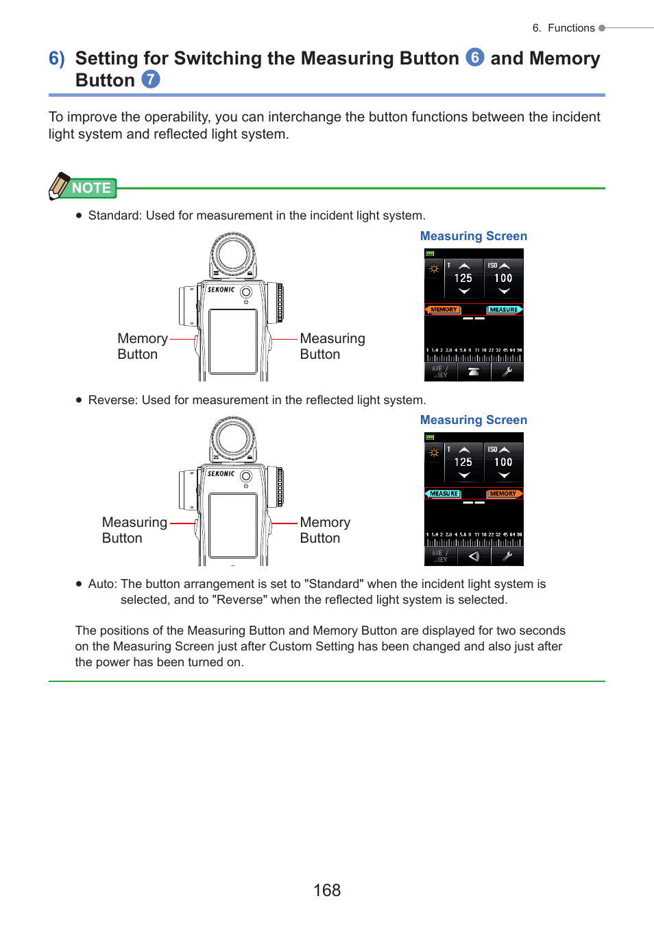 6) setting for switching the measuring button, And memory button, P168 | P168) | Sekonic Speedmaster L-858D-U Light Meter User Manual | Page 182 / 223
