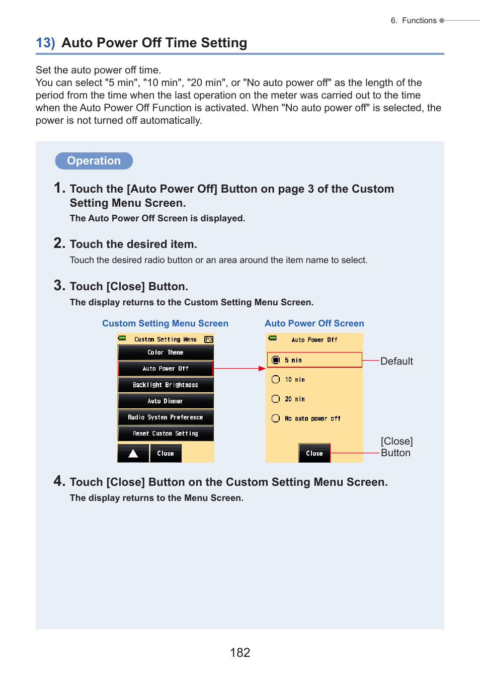 13) auto power off time setting, Custom setting, P182) | Sekonic Speedmaster L-858D-U Light Meter User Manual | Page 196 / 223
