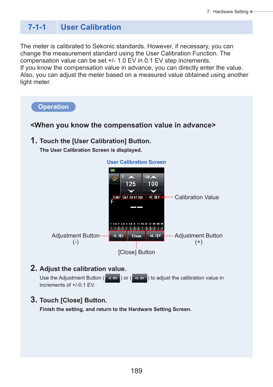 User calibration, P189), 1-1 user calibration | Sekonic Speedmaster L-858D-U Light Meter User Manual | Page 203 / 223