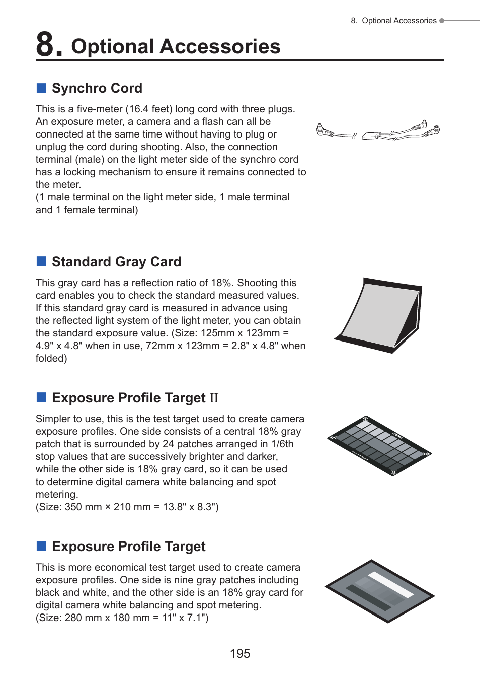 Optional accessories, Synchro cord, Standard gray card | Exposure profile target ii, Exposure profile target, P195) | Sekonic Speedmaster L-858D-U Light Meter User Manual | Page 209 / 223