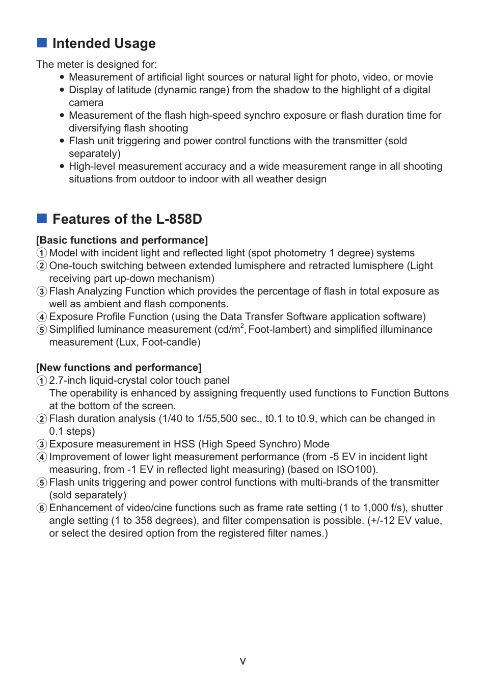Intended usage, Features of the l-858d | Sekonic Speedmaster L-858D-U Light Meter User Manual | Page 7 / 223