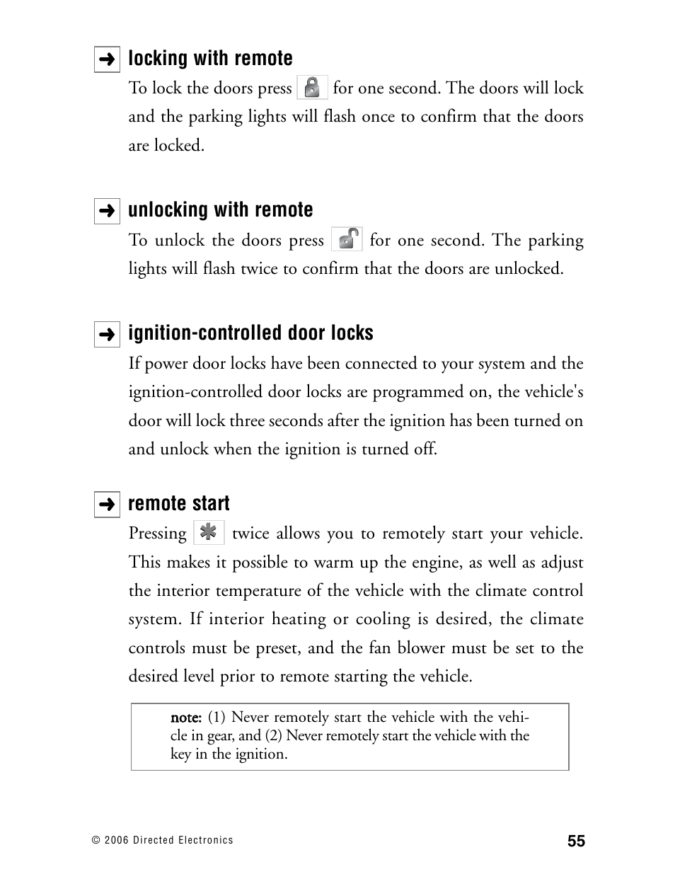 Locking with remote, Unlocking with remote, Ignition-controlled door locks | Remote start | Directed Electronics Ready Remote User Manual | Page 59 / 70