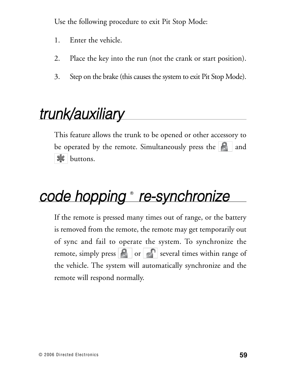 Ttrru un nkk//a au uxxiilliia arryy, Cco od de e h ho op pp piin ng g, Rre e--ssyyn nc ch hrro on niizze e | Directed Electronics Ready Remote User Manual | Page 63 / 70