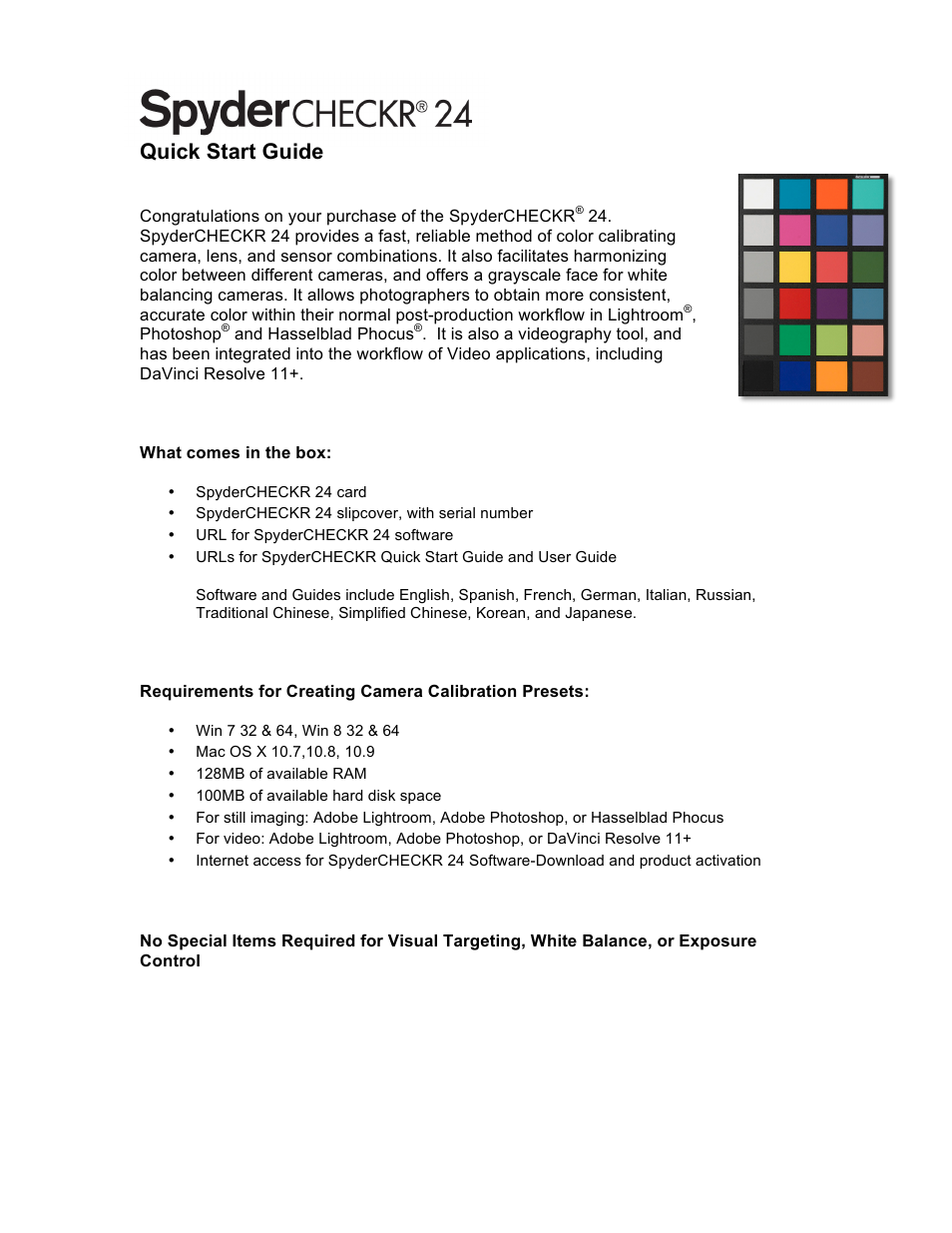 Datacolor SpyderCHECKR Color Chand Calibration Tool for Digital Cameras User Manual | 2 pages