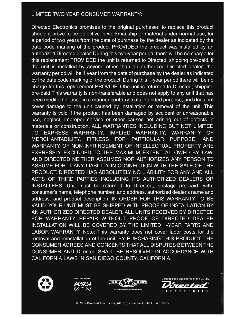 Directed Electronics A1200/4 User Manual | Page 30 / 30