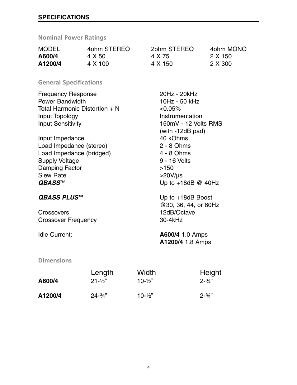 Length width height | Directed Electronics A1200/4 User Manual | Page 5 / 30