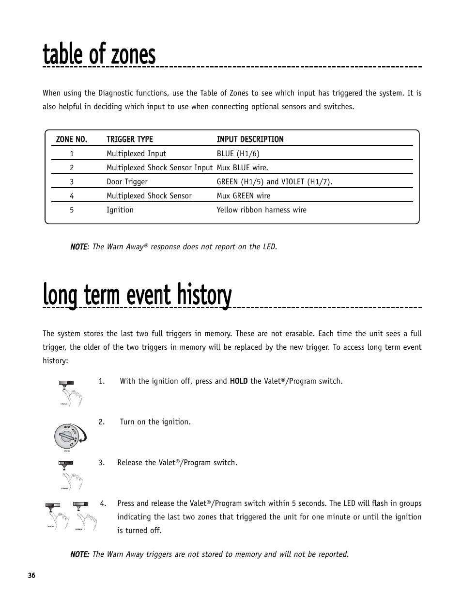 Ttaabbllee ooff zzoonneess, Lloonngg tteerrm m eevveenntt hhiissttoorryy | Directed Electronics S660 User Manual | Page 36 / 40