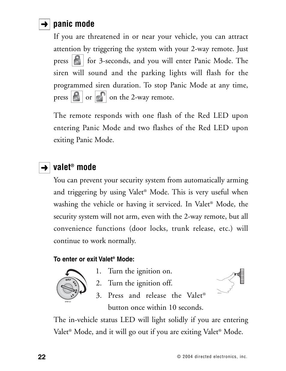 Panic mode, Valet, Mode | Directed Electronics 130XV User Manual | Page 26 / 52