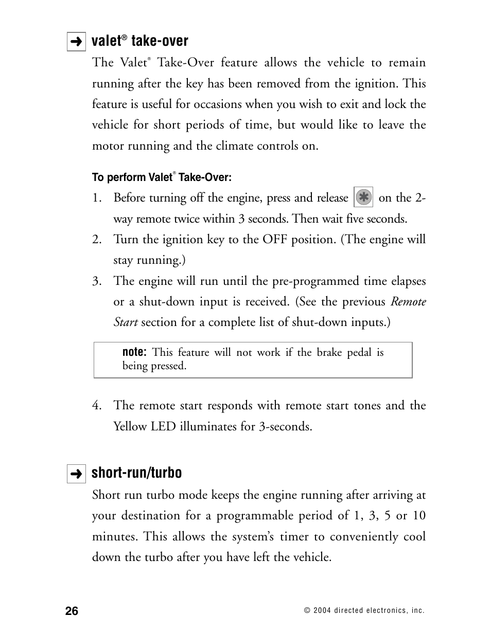 Valet, Take-over, Short-run/turbo | Directed Electronics 130XV User Manual | Page 30 / 52