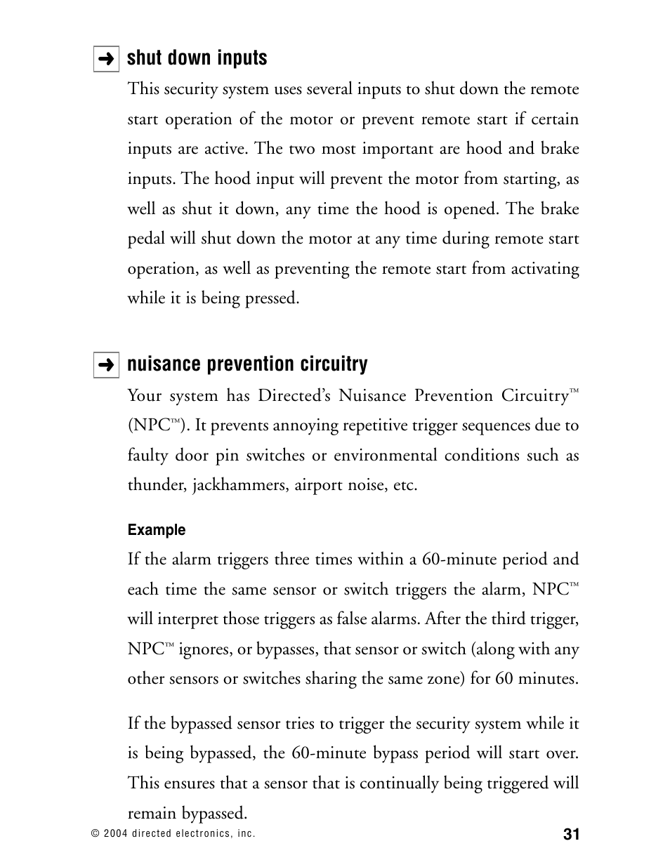 Shut down inputs, Nuisance prevention circuitry | Directed Electronics 130XV User Manual | Page 35 / 52