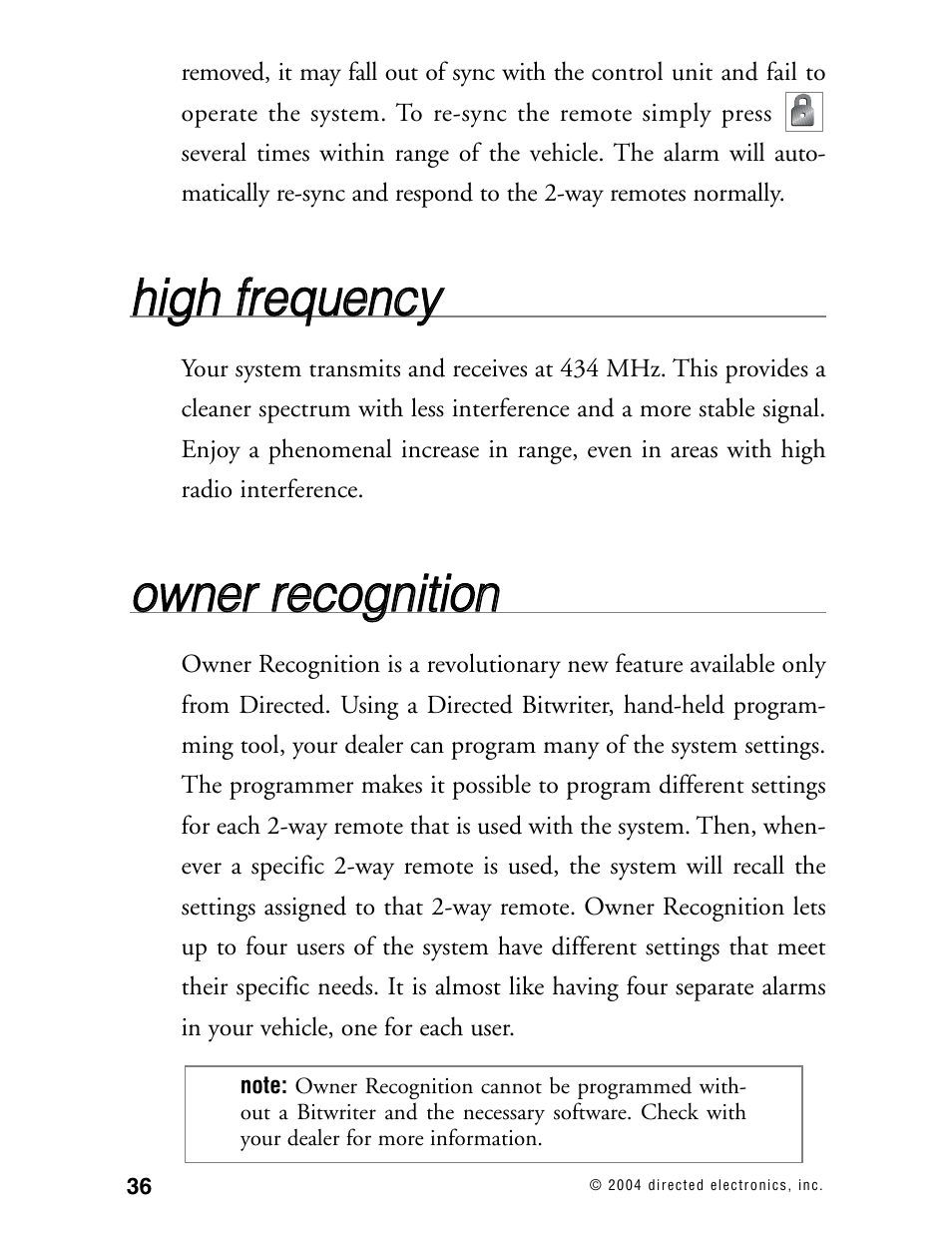 Hhiig gh h ffrre eq qu ue en nc cyy, Oow wn ne err rre ec co og gn niittiio on n | Directed Electronics 130XV User Manual | Page 40 / 52