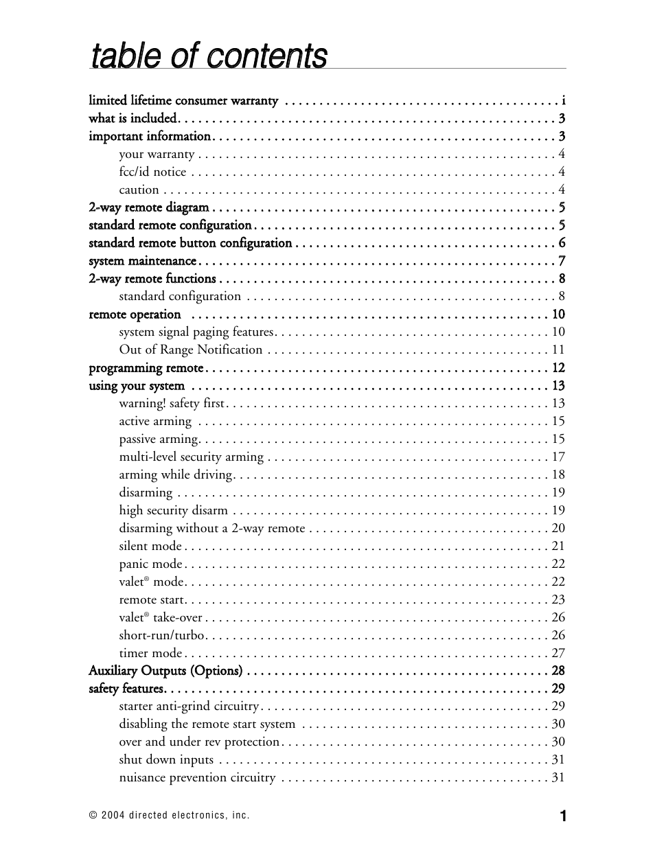 Tta ab blle e o off c co on ntte en nttss | Directed Electronics 130XV User Manual | Page 5 / 52