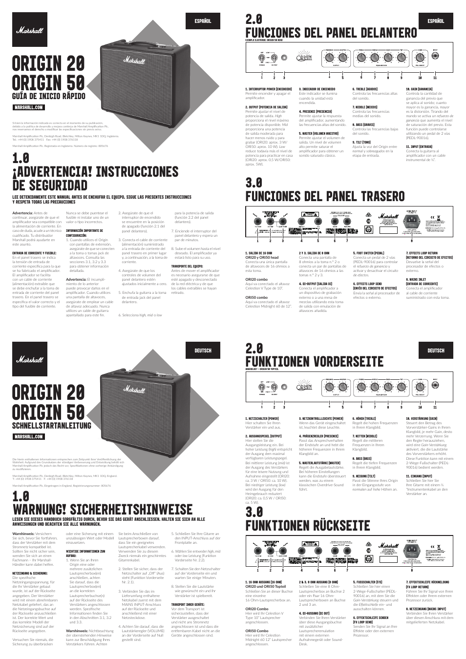 Origin 20 origin 50, 0 ¡advertencia! instrucciones de seguridad, 0 funktionen vorderseite 3.0 funktionen rückseite | 0 warnung! sicherheitshinweise, Guía de inicio rápido, Schnellstartanleitung | Marshall Amplification Origin 20 20W 1x10 Combo Amplifier with FX Loop and Boost (Black) User Manual | Page 2 / 2