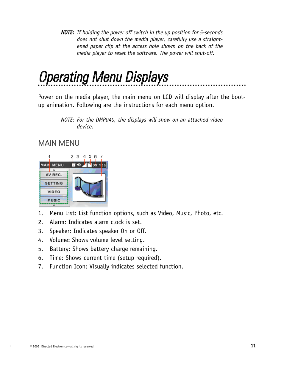 Ooppeerraattiinngg m meennuu d diissppllaayyss | Directed Electronics DMP040 User Manual | Page 11 / 58