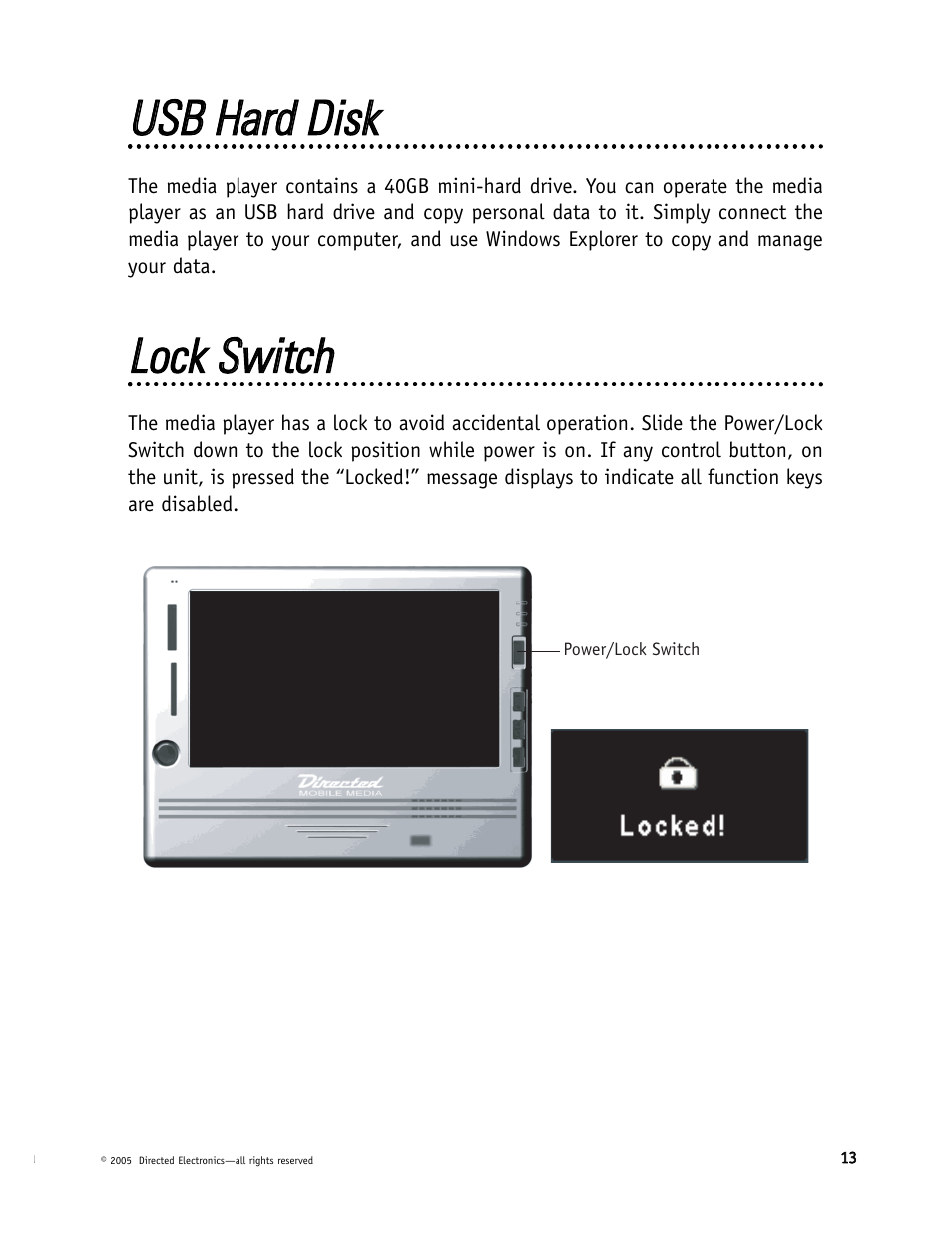 Uus sb b h haarrdd d diisskk, Lloocckk s sw wiittcchh | Directed Electronics DMP040 User Manual | Page 13 / 58