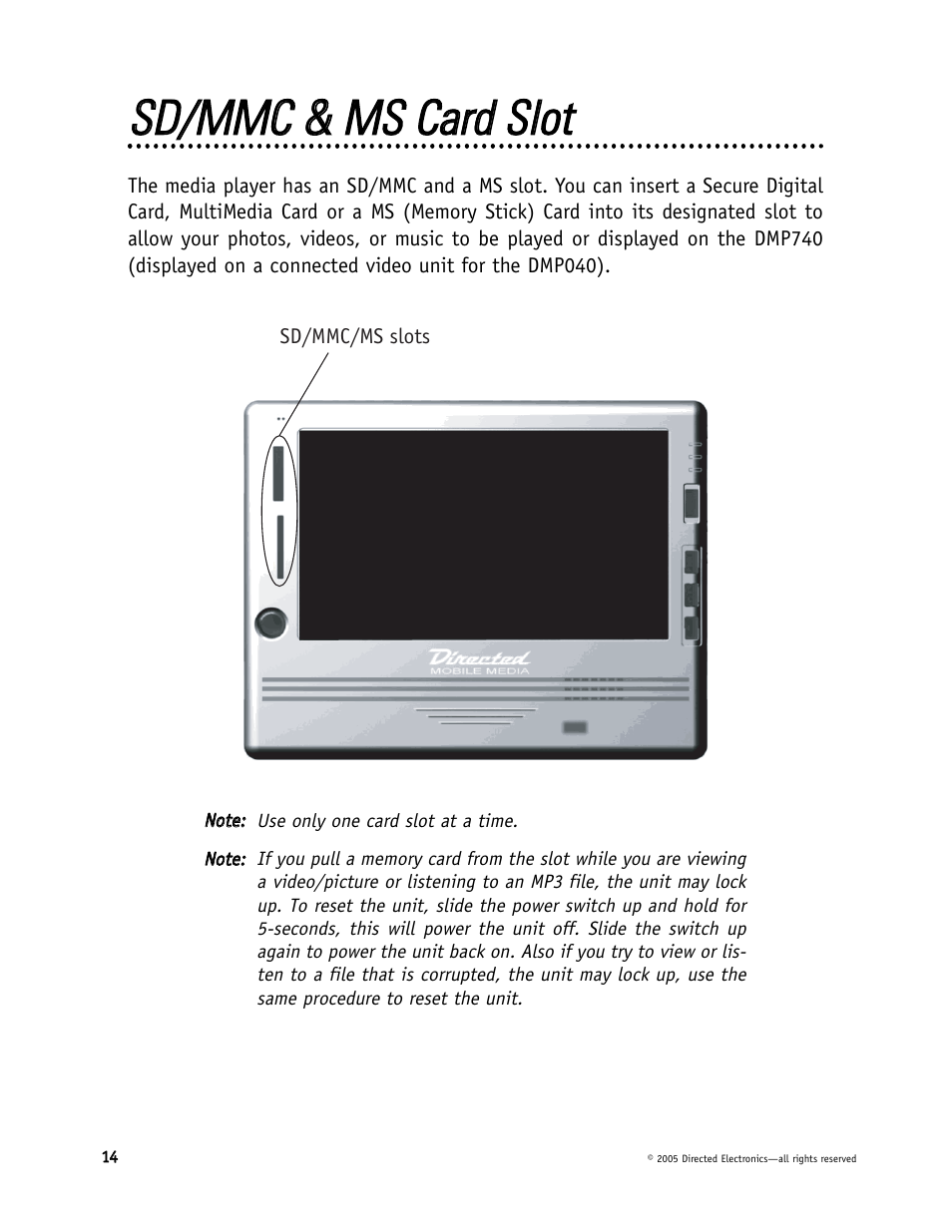 Ssd d//m mm mc c & & m ms s c caarrdd s slloott | Directed Electronics DMP040 User Manual | Page 14 / 58