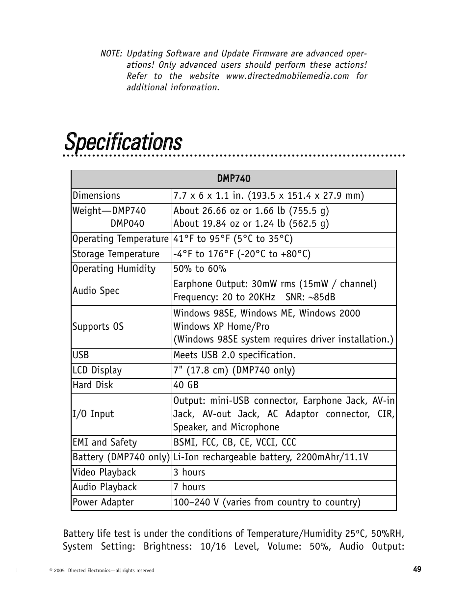 Ssppeecciiffiiccaattiioonnss | Directed Electronics DMP040 User Manual | Page 49 / 58
