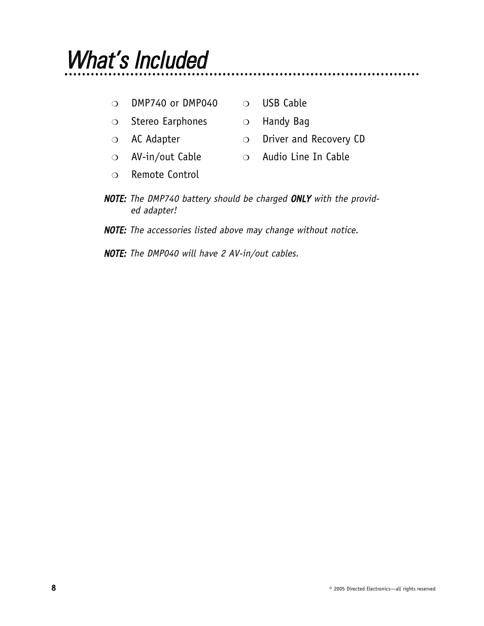 Wwhhaatt’’ss iinncclluuddeedd | Directed Electronics DMP040 User Manual | Page 8 / 58