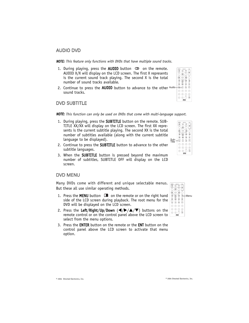 Aau ud diio o d dv vd d, Ddv vd d s su ub bt tiit tl le e, Ddv vd d m me en nu u | Play/ pause | Directed Electronics OHD900 User Manual | Page 19 / 27