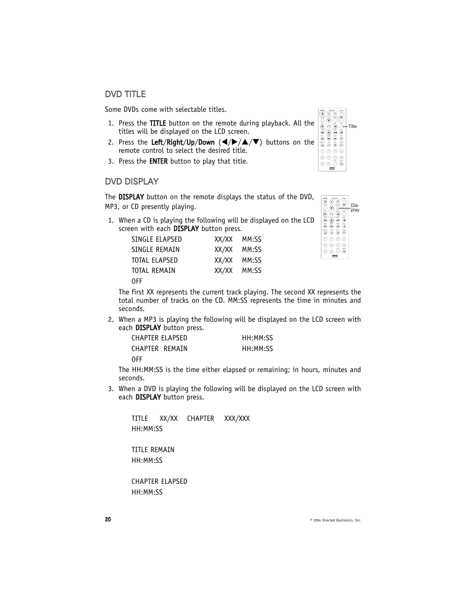 Ddv vd d t tiit tl le e, Ddv vd d d diis sp pl la ay y, Play/ pause | Directed Electronics OHD900 User Manual | Page 20 / 27