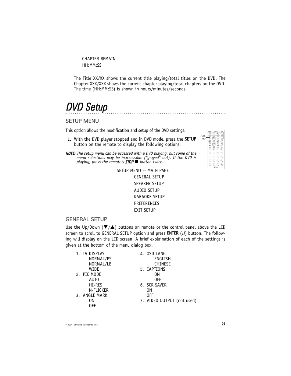 Ddv vd d s seettuupp, Sse et tu up p m me en nu u, Gge en ne er ra al l s se et tu up p | Directed Electronics OHD900 User Manual | Page 21 / 27