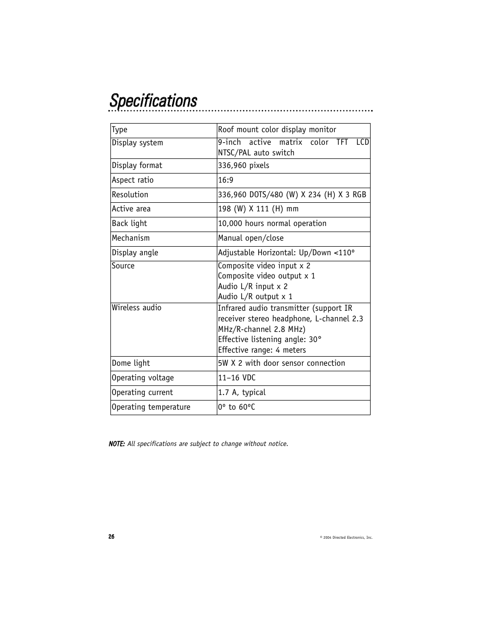 Ssppeecciiffiiccaattiioonnss | Directed Electronics OHD900 User Manual | Page 26 / 27