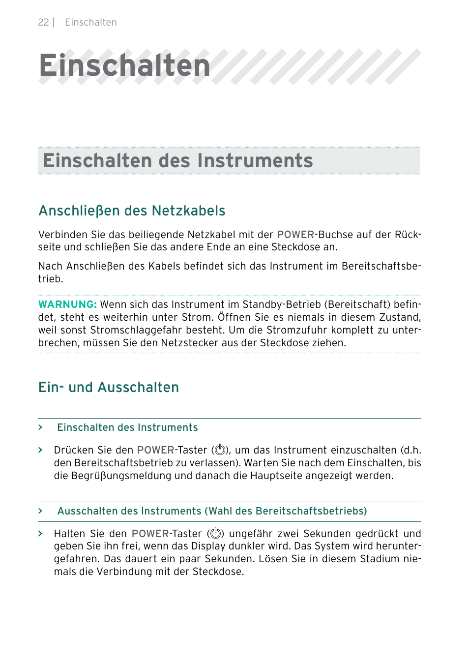 Einschalten, Einschalten des instruments, Anschließen des netzkabels | Ein- und ausschalten | KORG Pa5X-88 88-Key Arranger Keyboard User Manual | Page 100 / 232