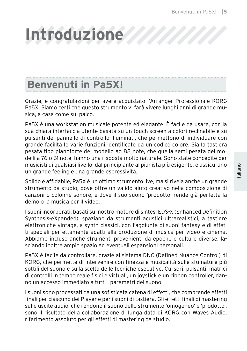 Introduzione, Benvenuti in pa5x | KORG Pa5X-88 88-Key Arranger Keyboard User Manual | Page 121 / 232