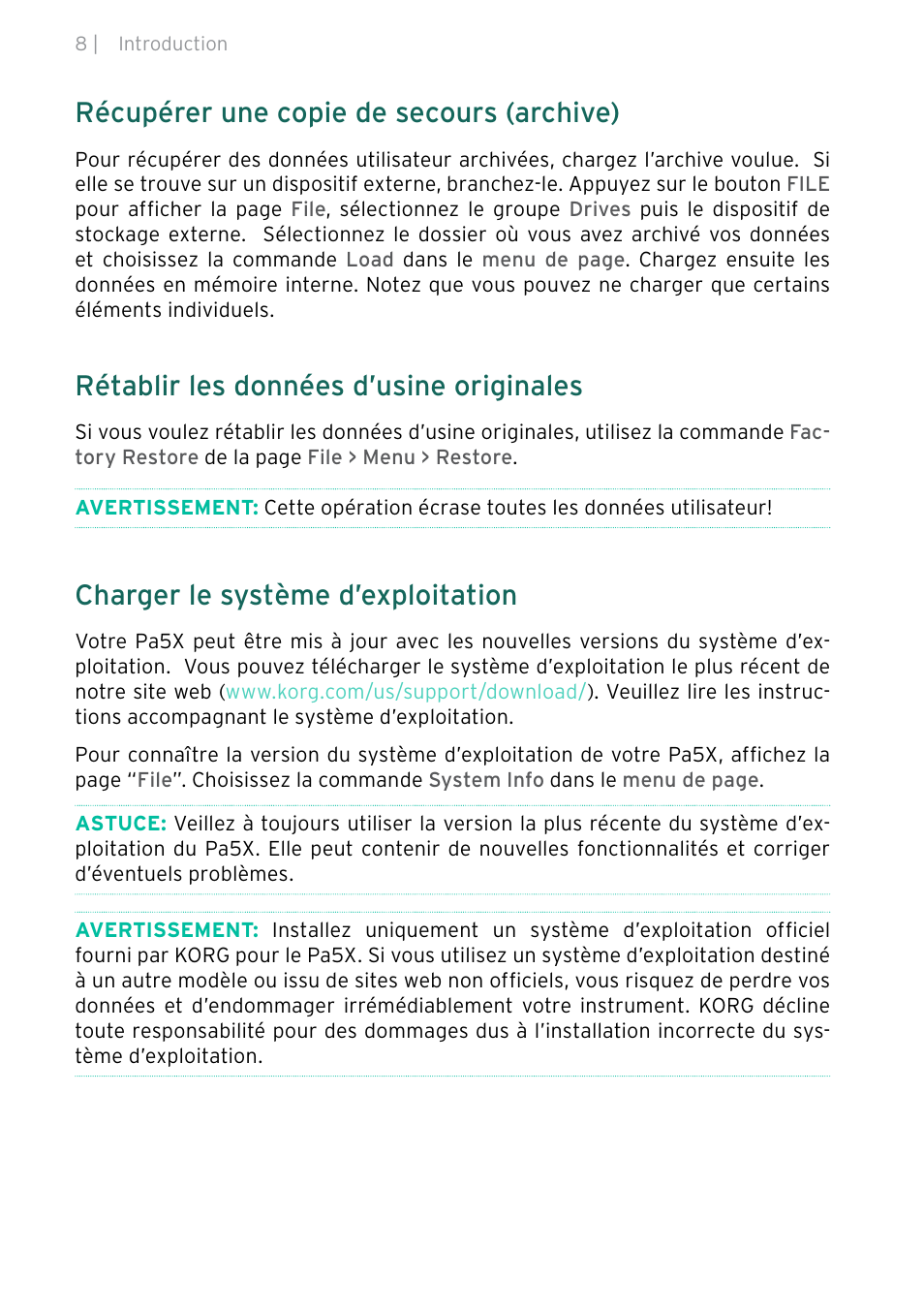 Récupérer une copie de secours (archive), Rétablir les données d’usine originales, Charger le système d’exploitation | KORG Pa5X-88 88-Key Arranger Keyboard User Manual | Page 48 / 232