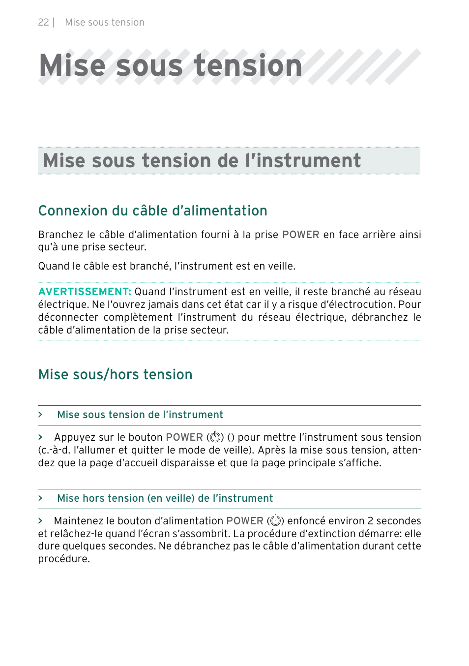 Mise sous tension, Mise sous tension de l’instrument, Connexion du câble d’alimentation | Mise sous/hors tension | KORG Pa5X-88 88-Key Arranger Keyboard User Manual | Page 62 / 232