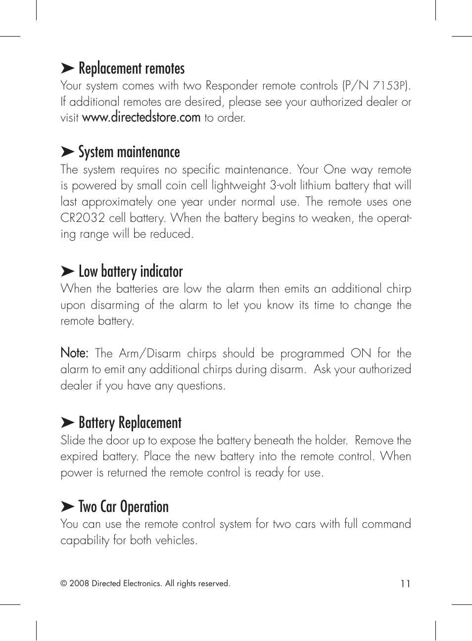 Replacement remotes, System maintenance, Low battery indicator | Battery replacement, Two car operation | Directed Electronics 1601 User Manual | Page 11 / 52