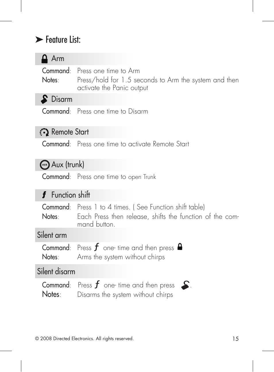 Feature list, Disarm, Remote start | Aux (trunk), Function shift, Silent arm, Silent disarm, Command | Directed Electronics 1601 User Manual | Page 15 / 52
