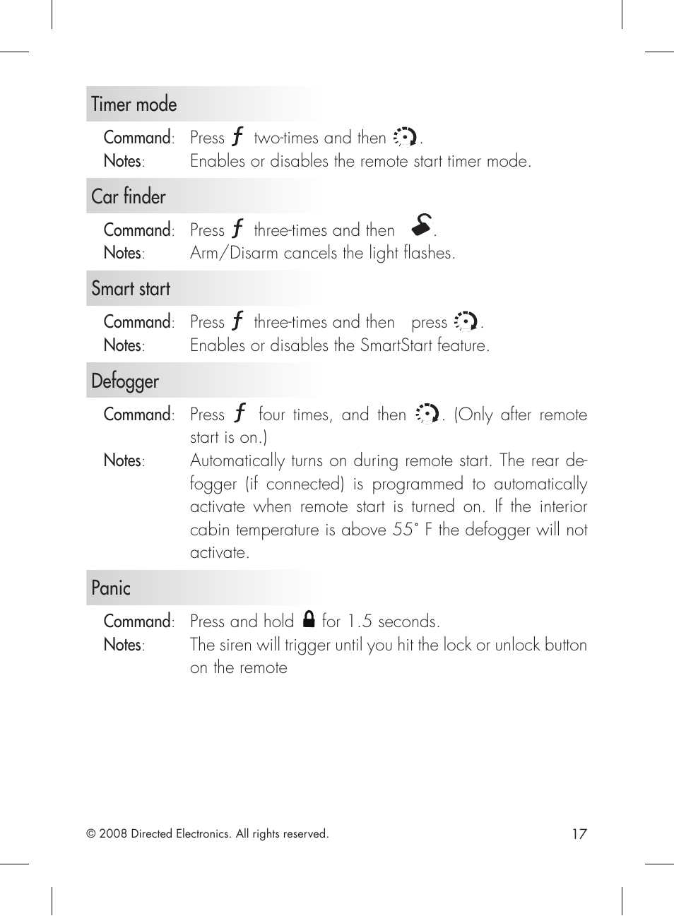 Timer mode, Car finder, Smart start | Defogger, Panic, Command | Directed Electronics 1601 User Manual | Page 17 / 52