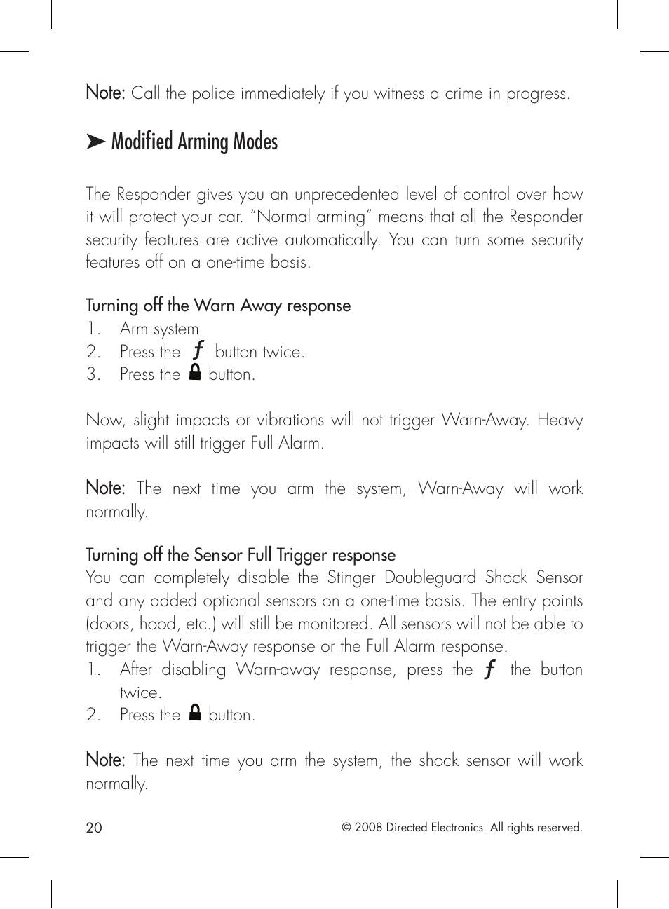 Modified arming modes | Directed Electronics 1601 User Manual | Page 20 / 52